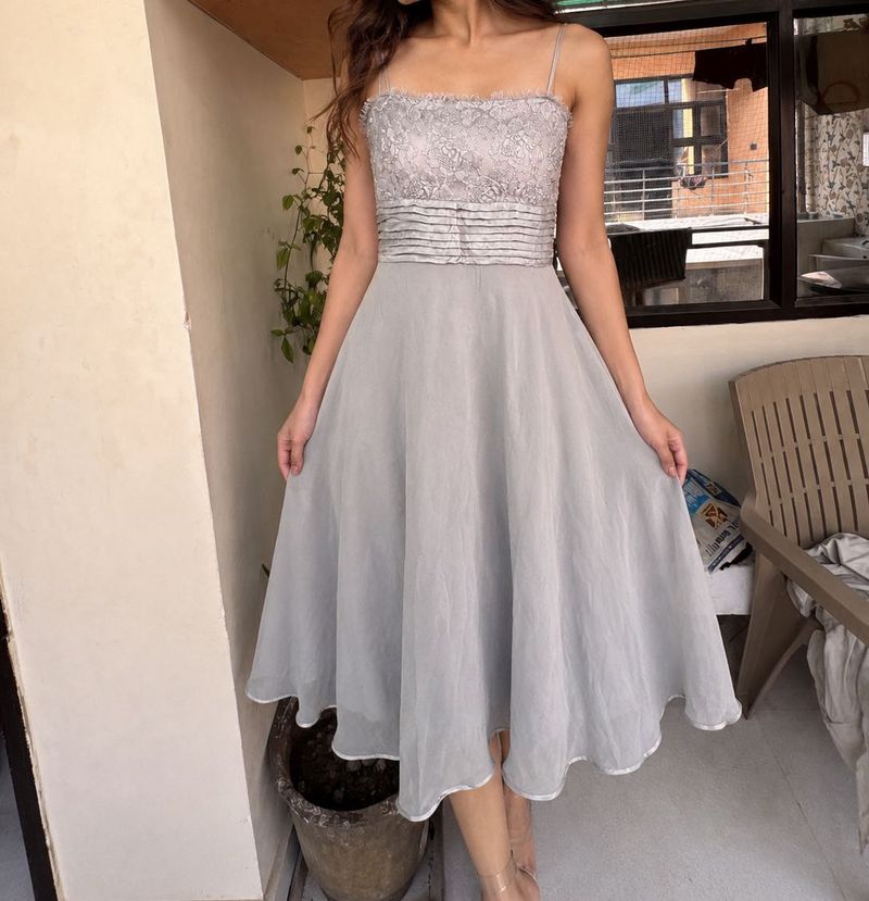 Elegant Grey Lace Overlay Dress