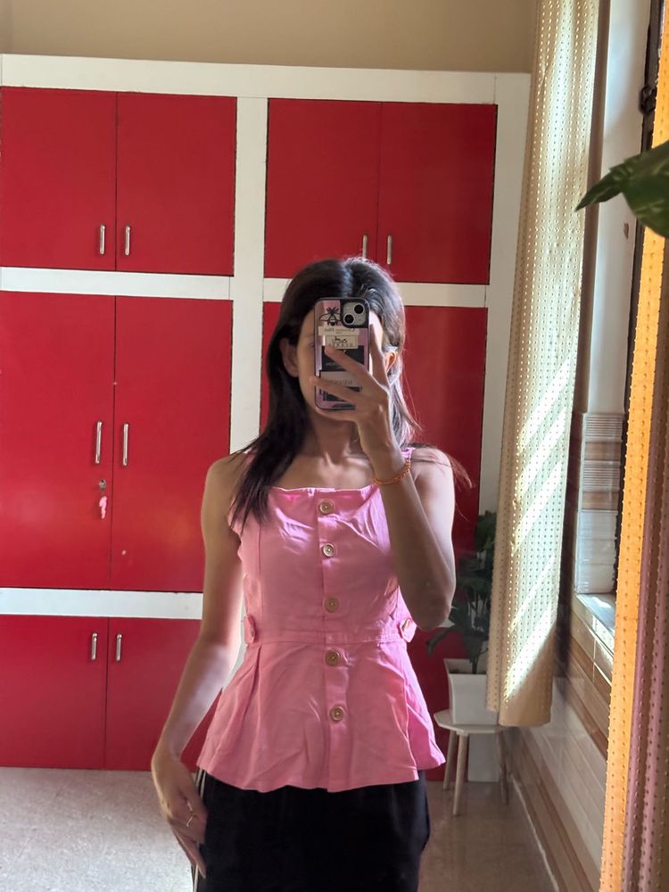 Cute Pink Button-Up Peplum Top