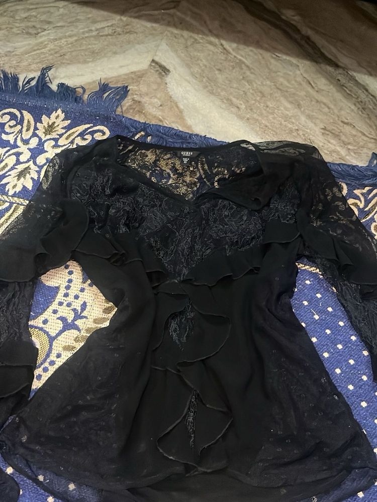 Elegant Black Lace Ruffle Blouse