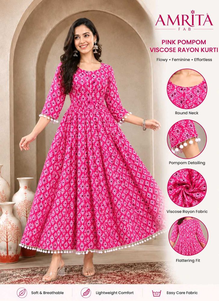 Pink Pompom Viscose Rayon Anarkali Kurti