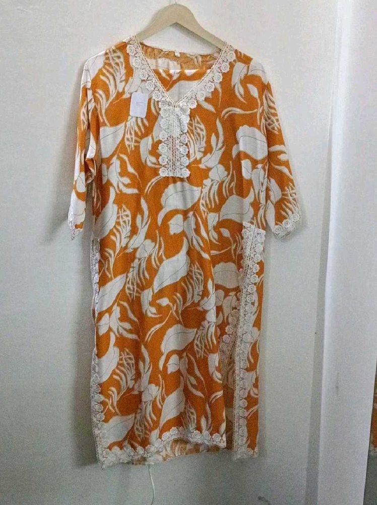 Orange Floral Print Kurta with Lace
