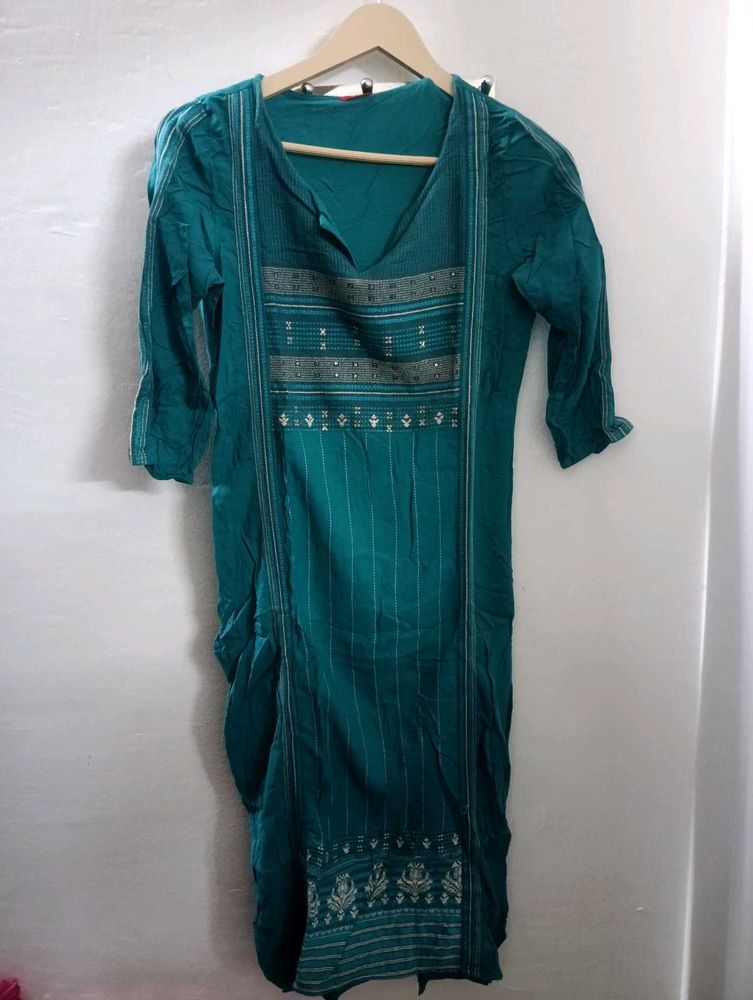 branded Teal Kurta with Embellished Neckline