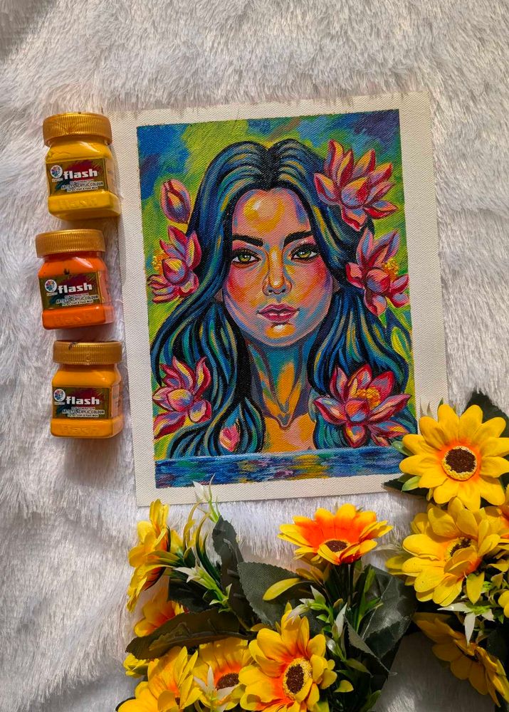 Vibrant Portrait Painting with Lotus Flowers