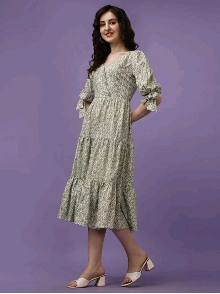Elegant Sage Green Printed Midi Dress with Tiered