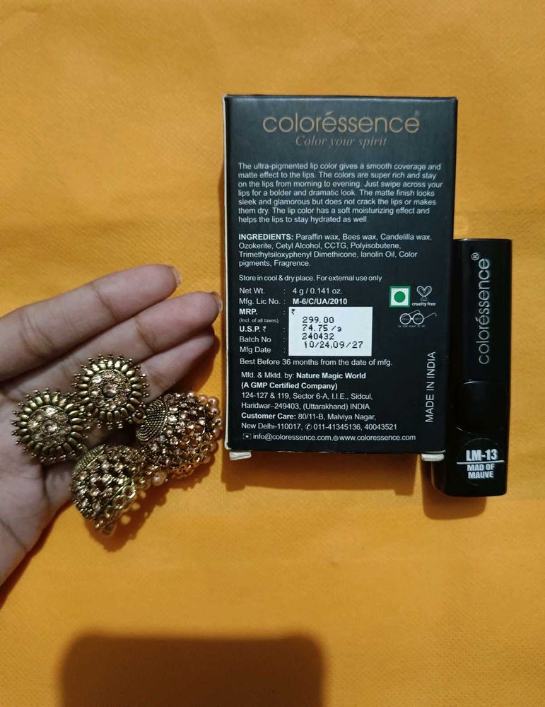 💄Coloressence Matte Lipstick+Stunning Gold Jhumka