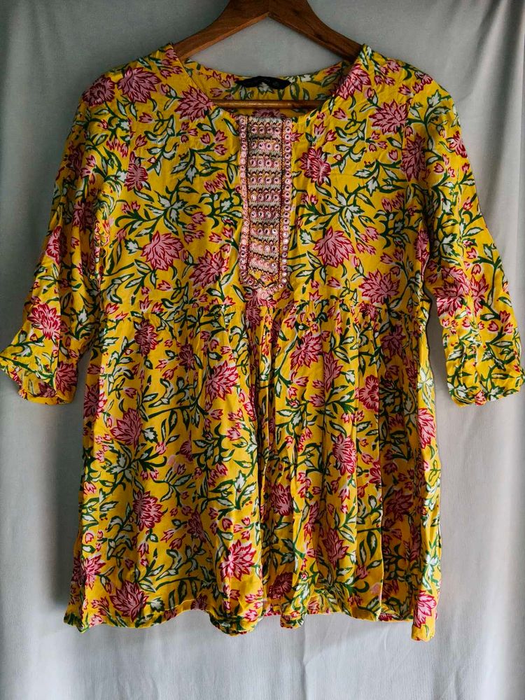 Vibrant Yellow Floral Print Kurti
