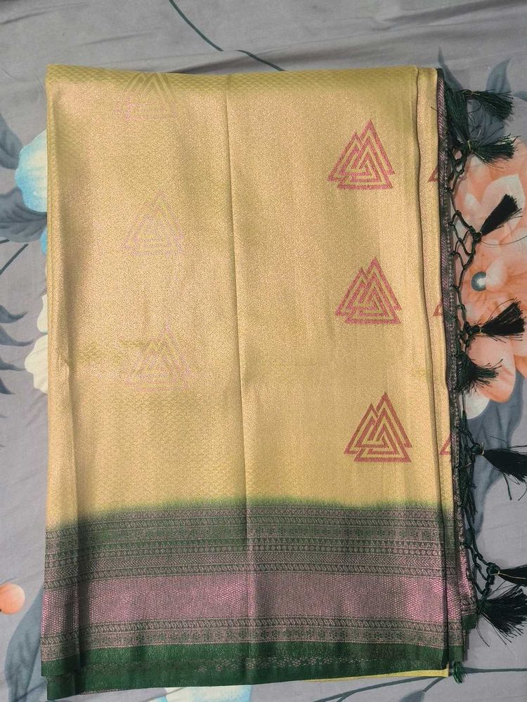 Elegant Cream Saree with Pink &amp; Green Border