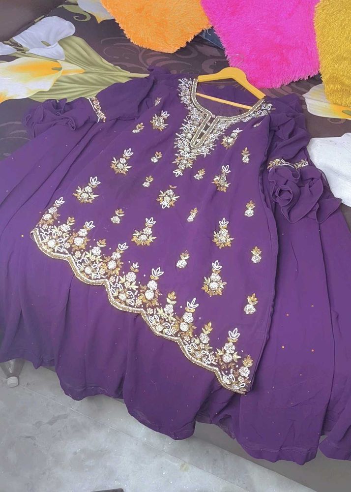 Purple Embroidered stylish kurti and skirts outfit