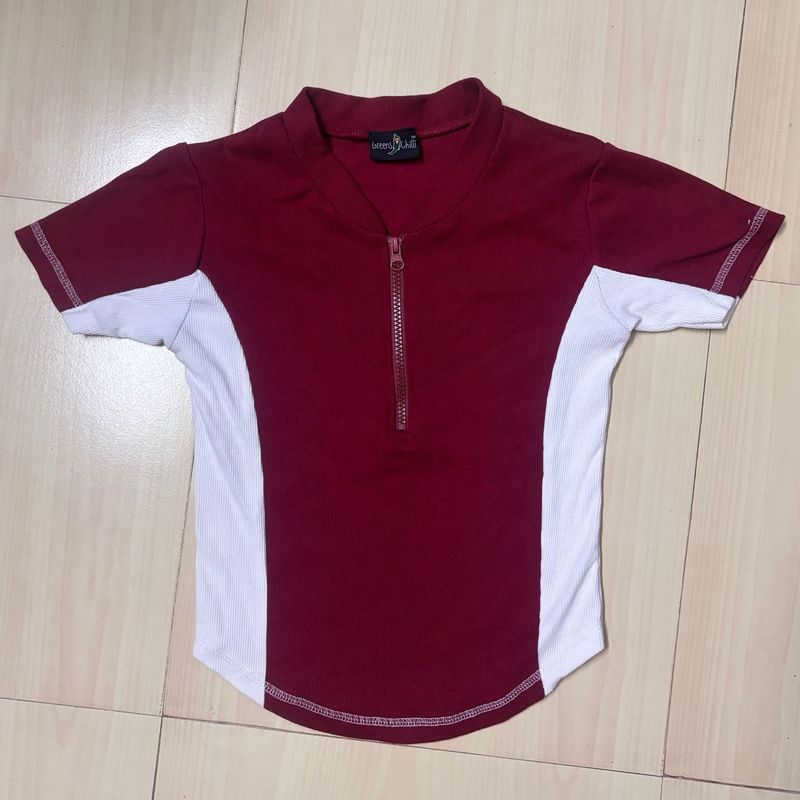 Maroon &amp; White Zip Neck Top