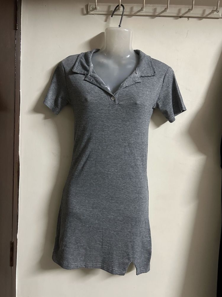 Gray Polo Collar Mini Dress
