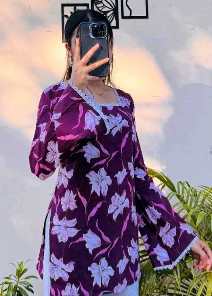 Purple Floral Print Kurta with Lace_S