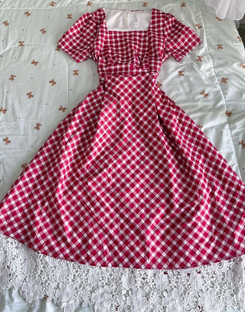 Red Gingham Lace Trim Dress