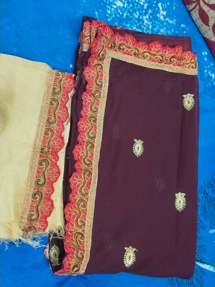 Woman  Embroidery Brown And Golden Saree