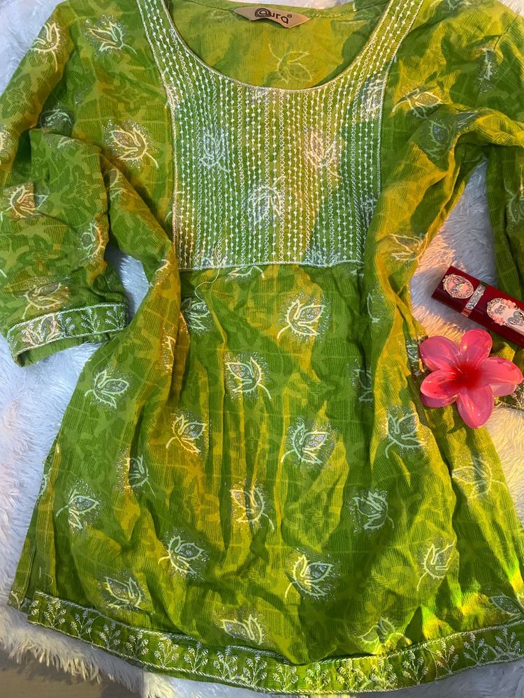 Vibrant Green Kurta with White Embroidery