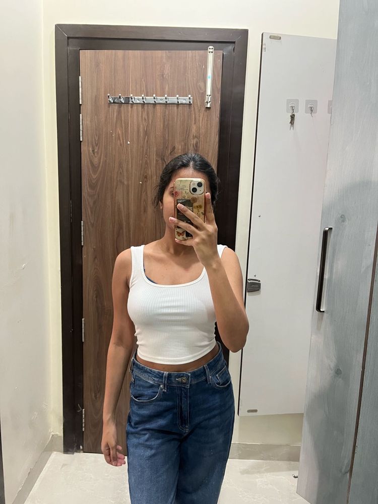White Ribbed Cropped Tank Top