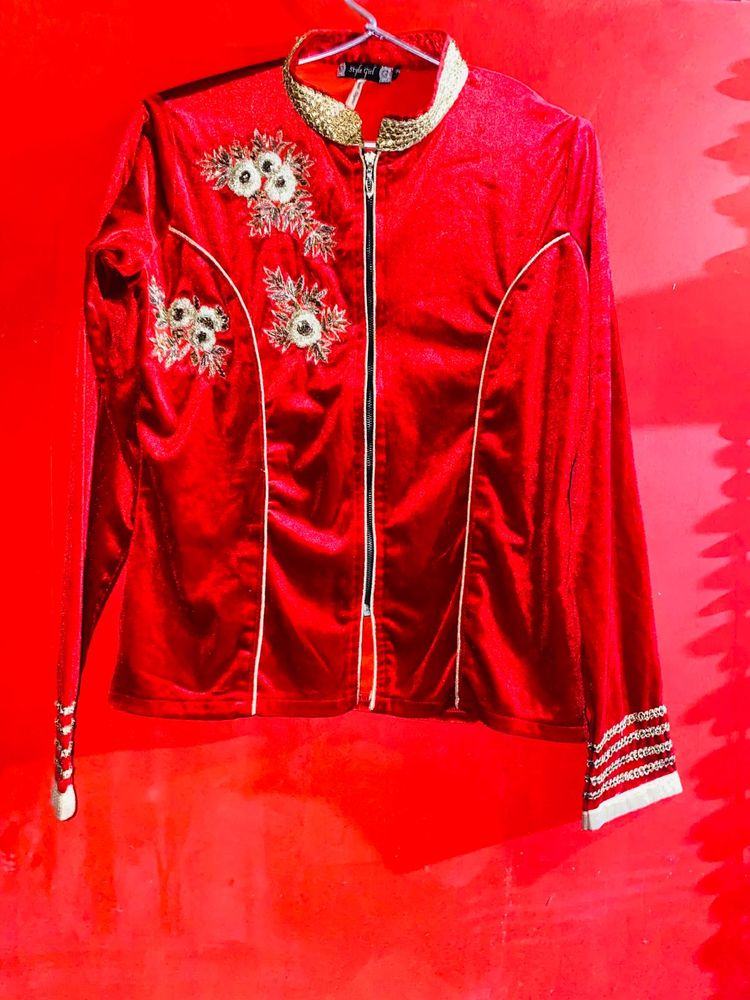 Red Velvet Kurta with Embellishments