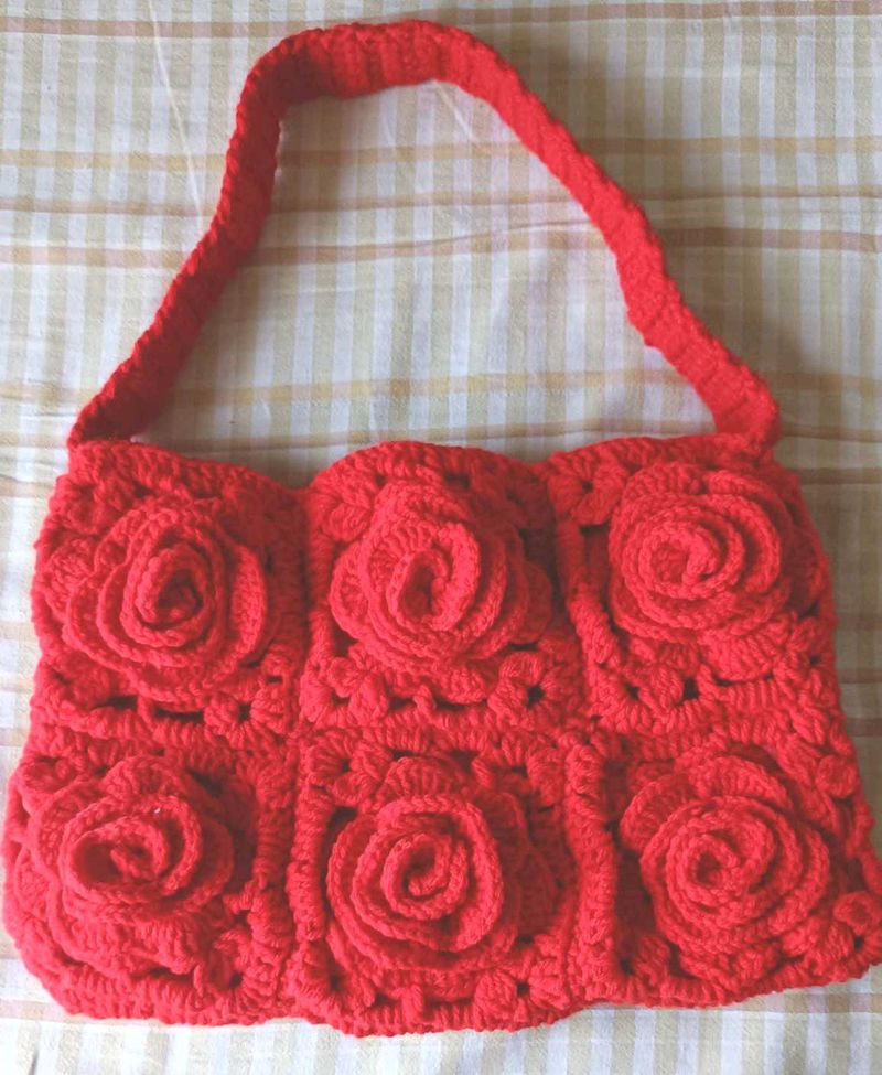 Red Crochet Rose Shoulder Bag