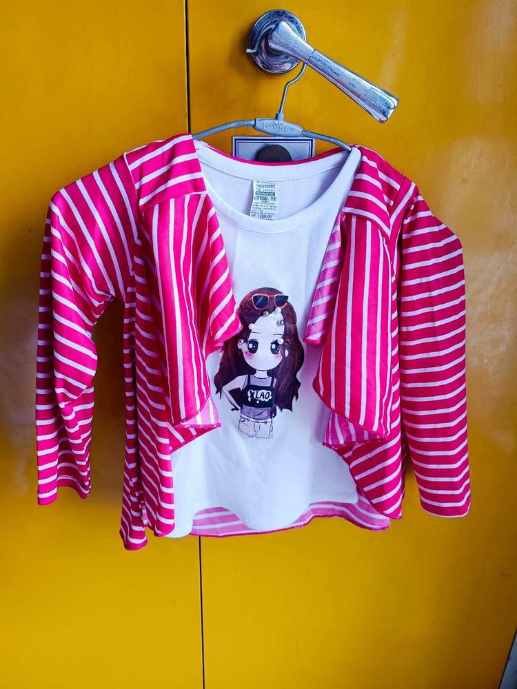 Hand Print Girls White Printed Top with Pink Strip