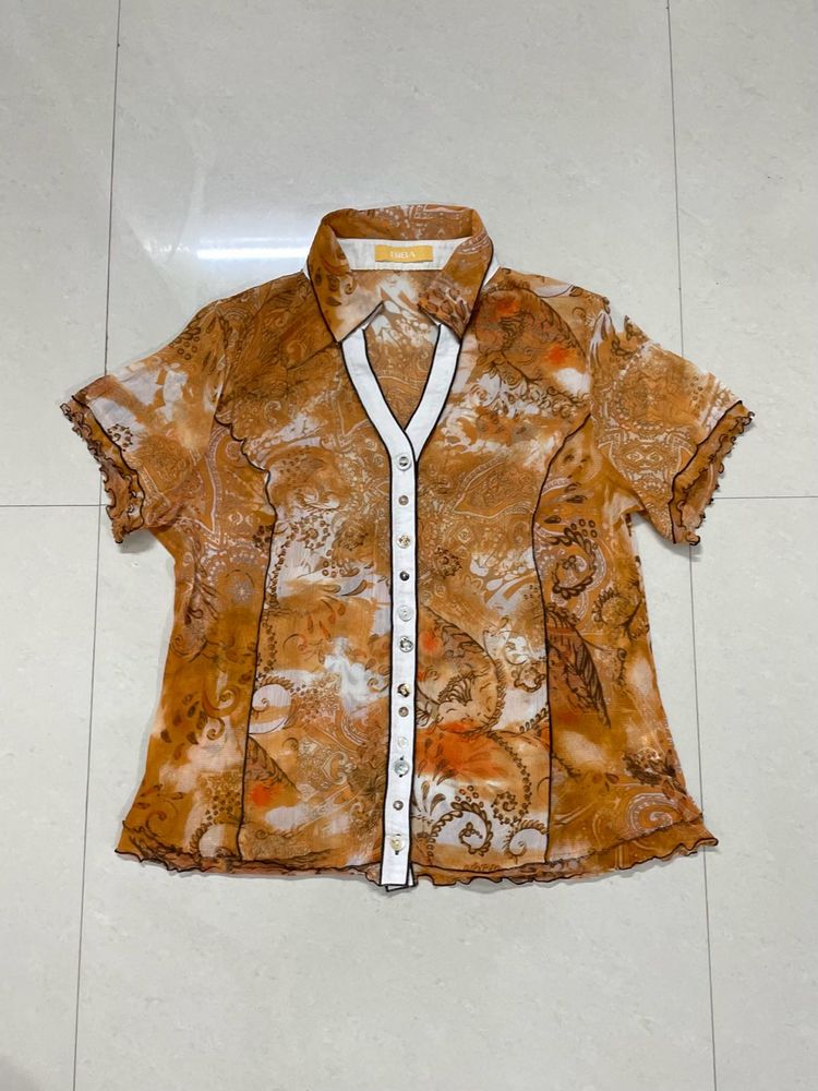 Patterned Button-Up Sheer Shirt