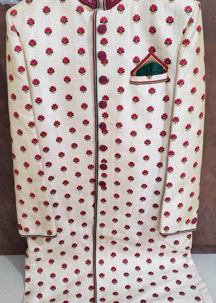 Men's Cream shervani with Red Floral Print