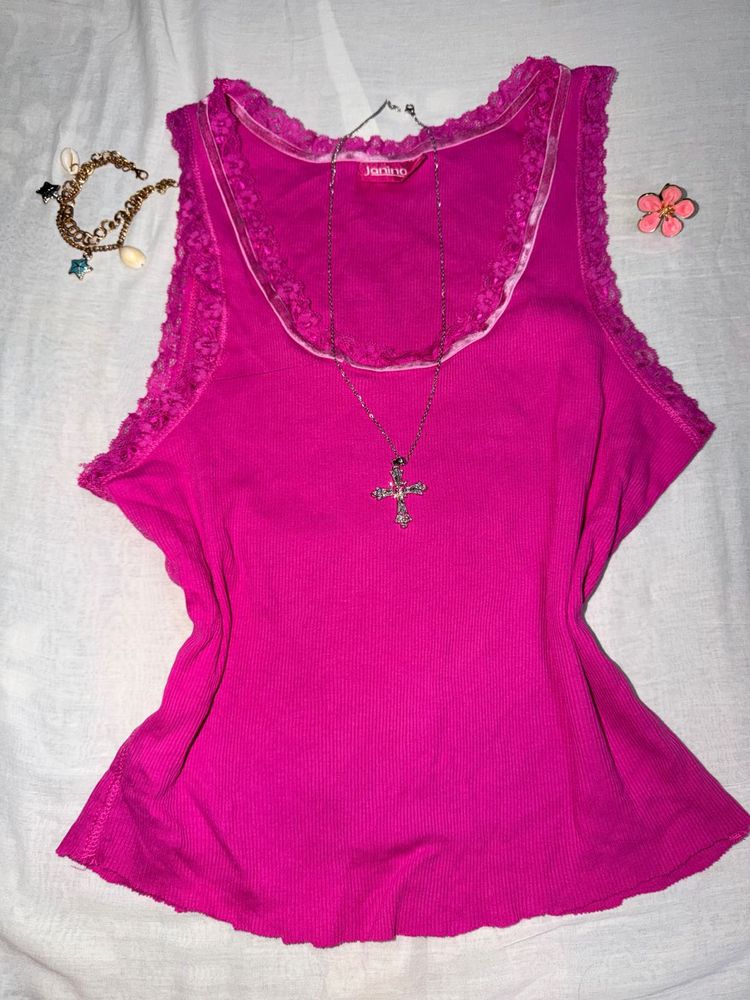 Hot Pink Lace Trim Tank Top