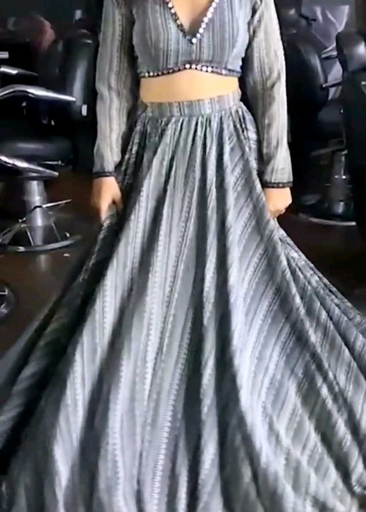 Grey Striped Crop Top &amp; Skirt Set