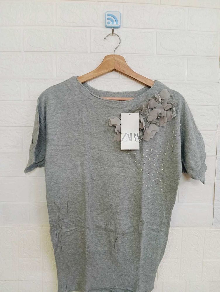 Grey Floral Detail Top