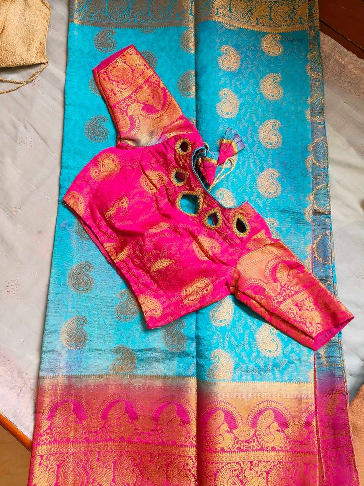 Beautiful Blue Saree with Pink Blouse