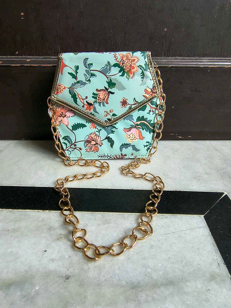 Floral Print Clutch with Gold Chain