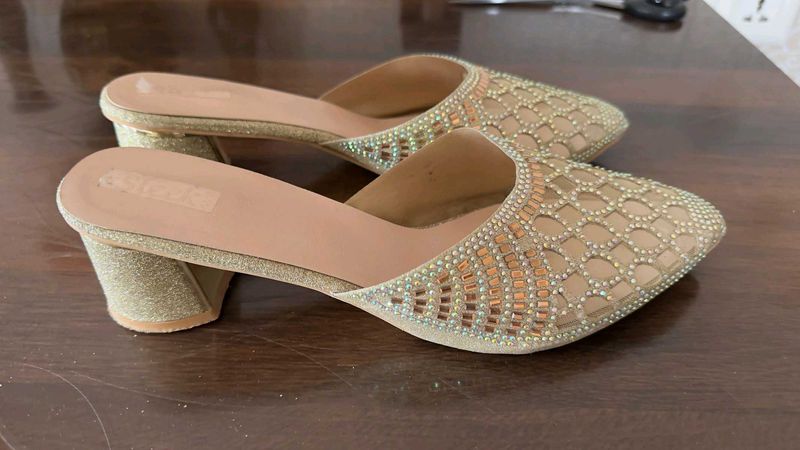 Gold Embellished Block Heel Mules