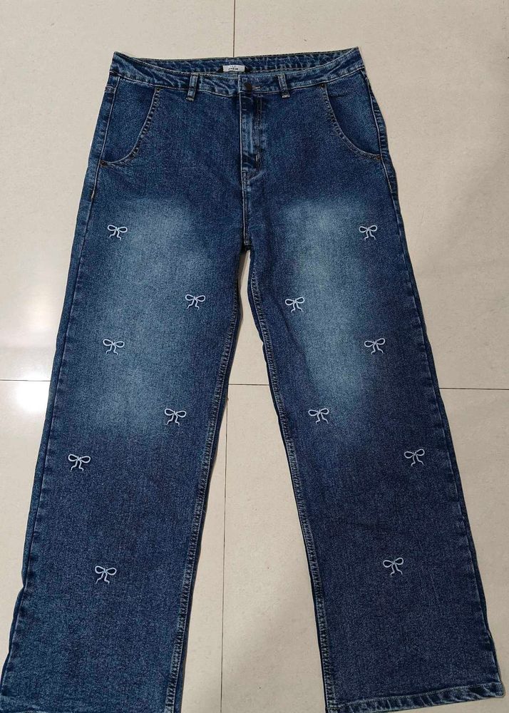 Cute Bow Embroidered Wide Leg Jeans🎀 with tag