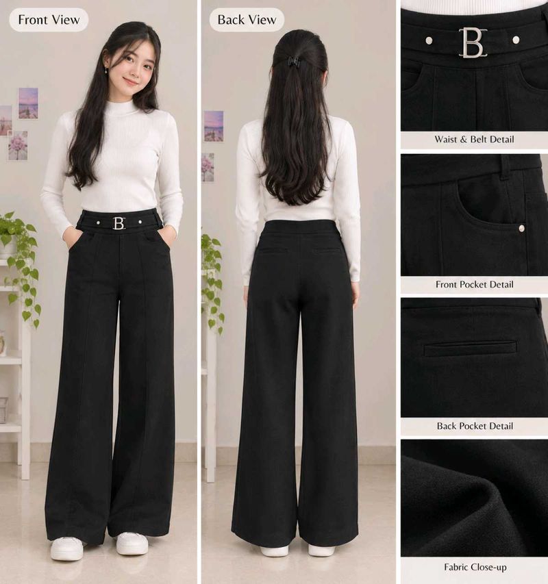 Black High-Waisted Wide-Leg Pants with Statement B