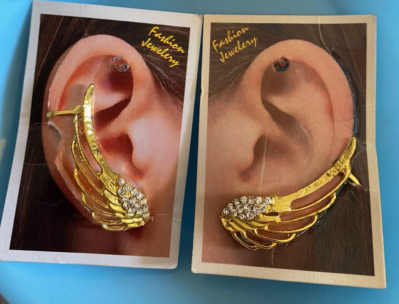Gold Wing Ear Cuff Earrings with White Stones