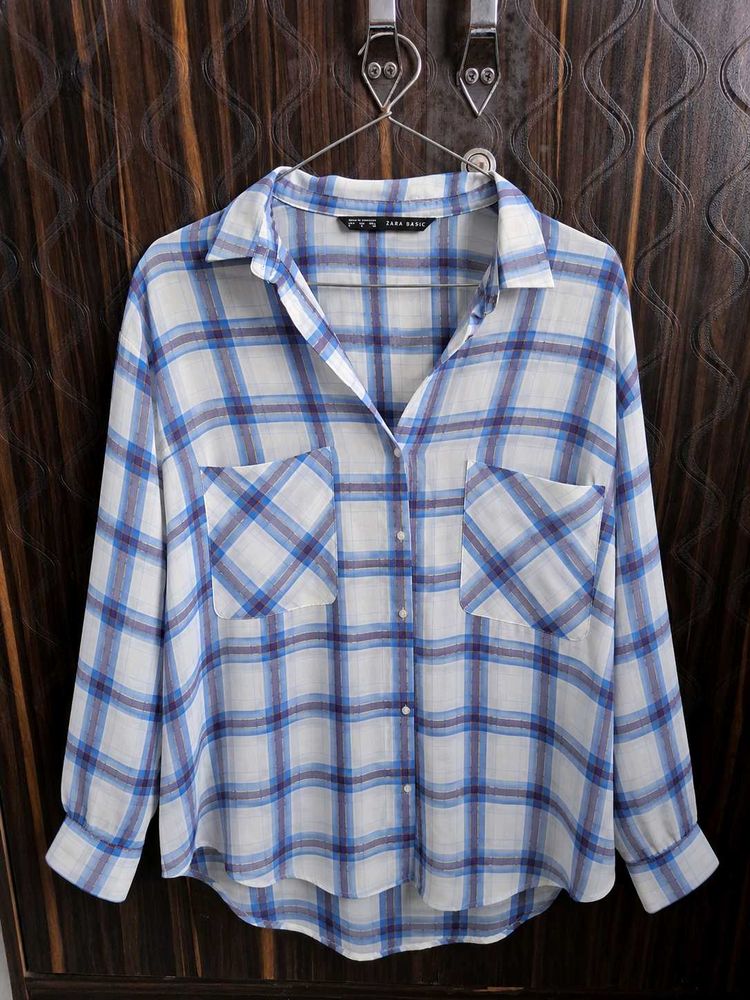ZARA Blue Plaid Chiffon Shirt