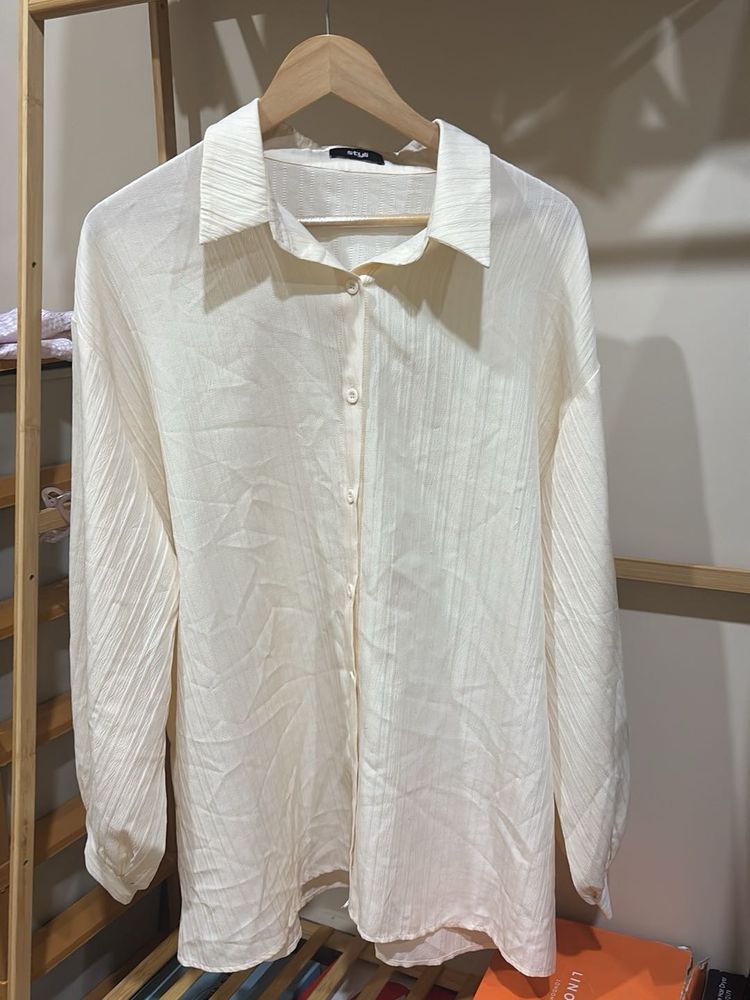 Pleated Cream Long Sleeve Shirt