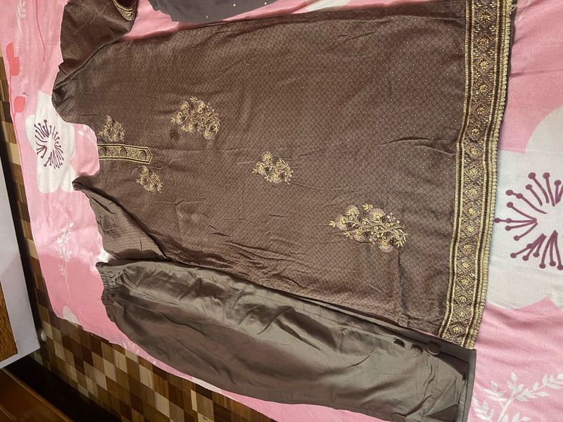 Elegant Brown Kurta Set with Gold Embellishments