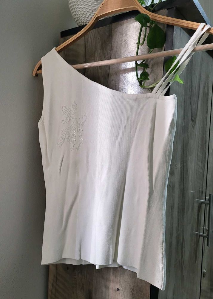 Cream One-Shoulder Top with Detail