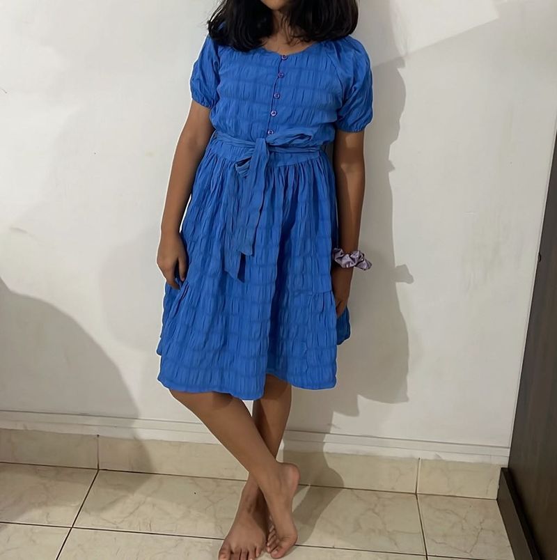 Blue Textured Tiered Dress