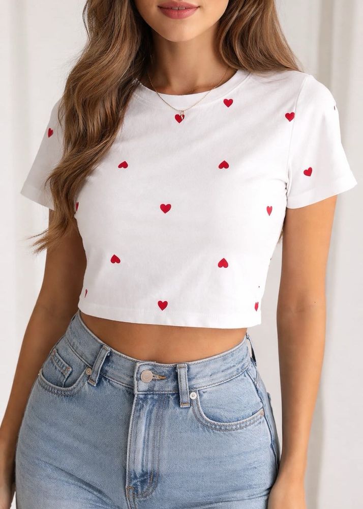 White Crop Top with Red Hearts