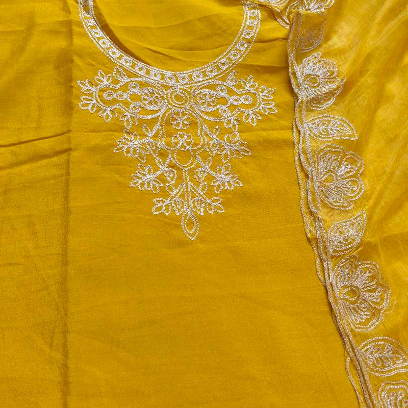 Mustard Yellow Silver Zari Neck Embroidered Party