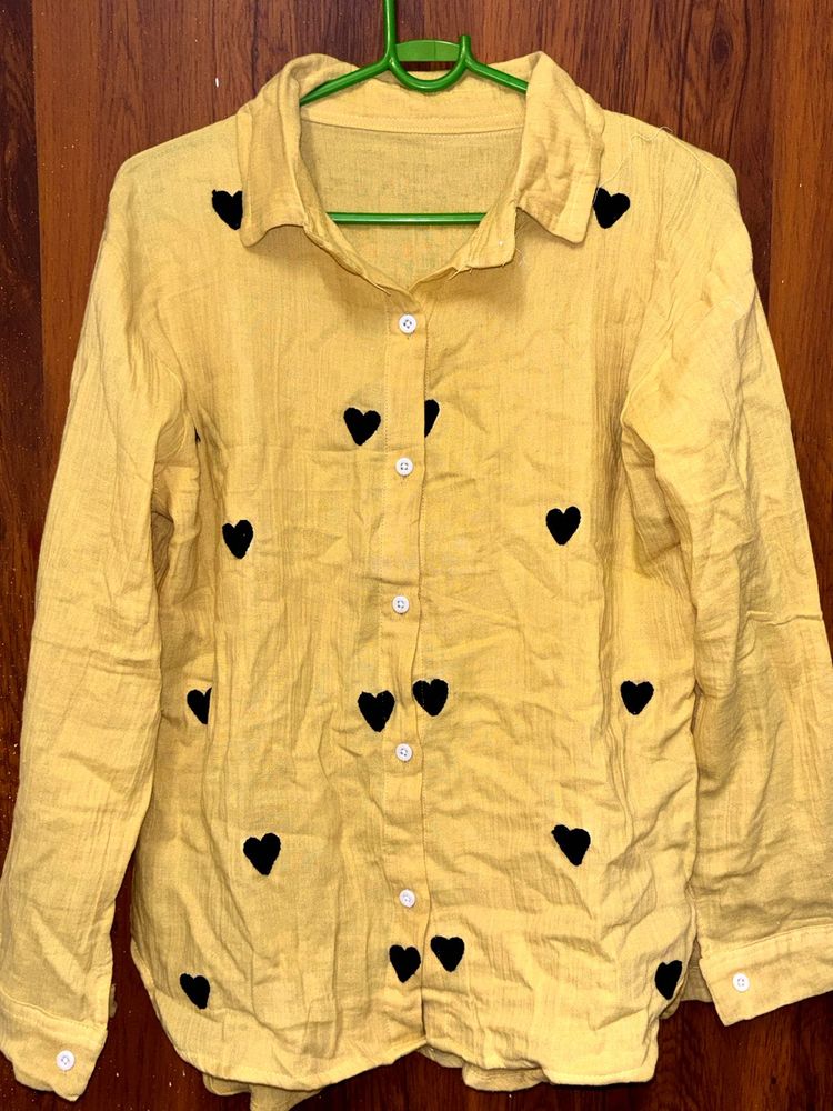 Yellow Heart Print Button-Up Shirt