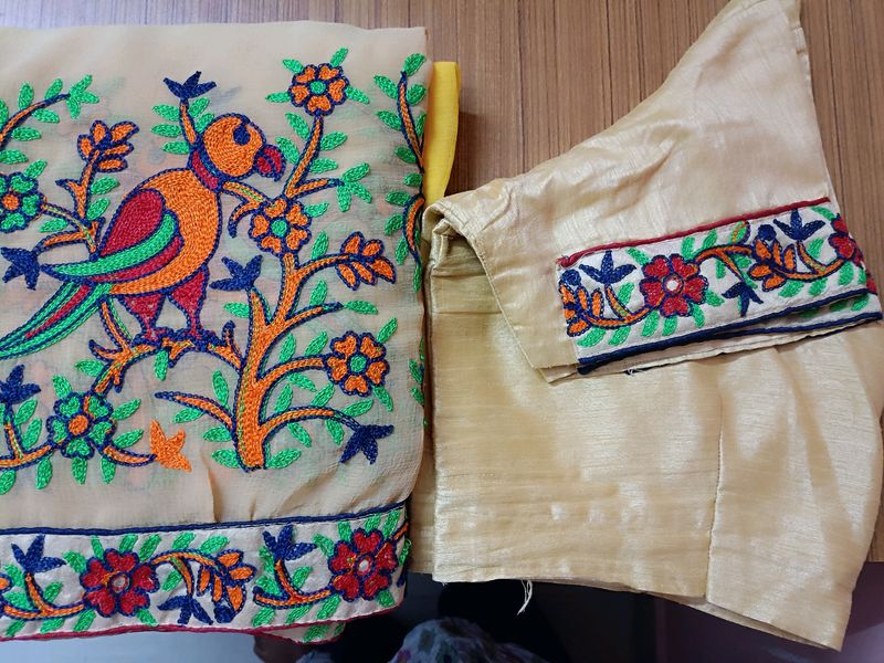 Embroidered Parrot &amp; Floral Saree with Blouse