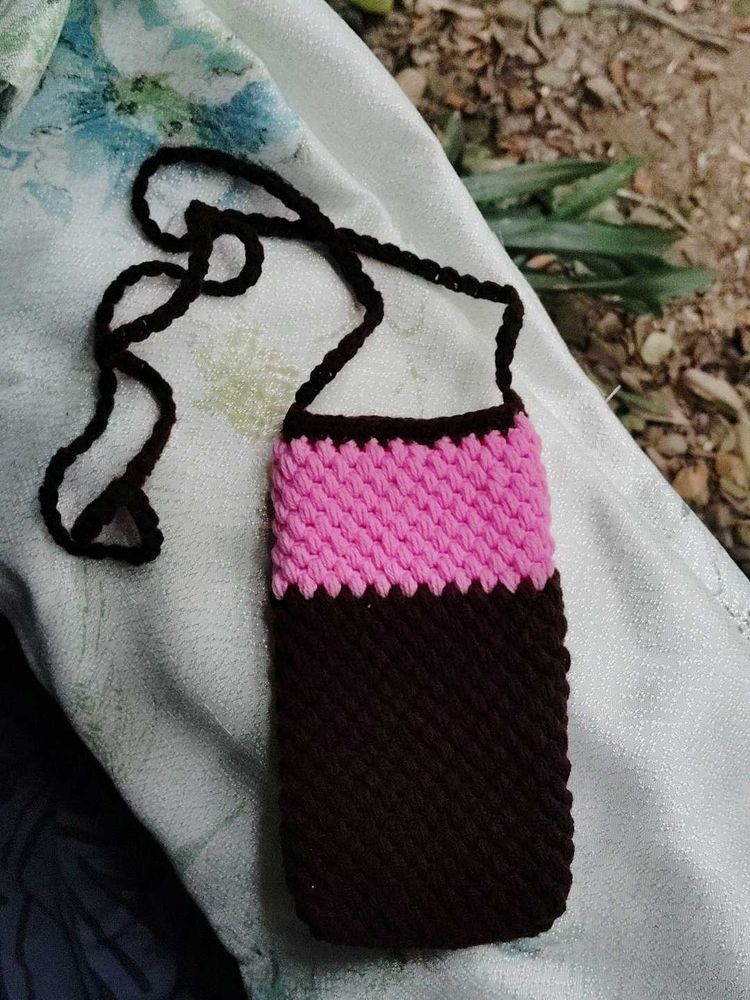 Handmade Pink &amp; Brown Crochet Phone Sling Bag