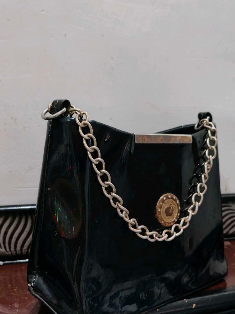 Chic Black Patent Chain Handbag