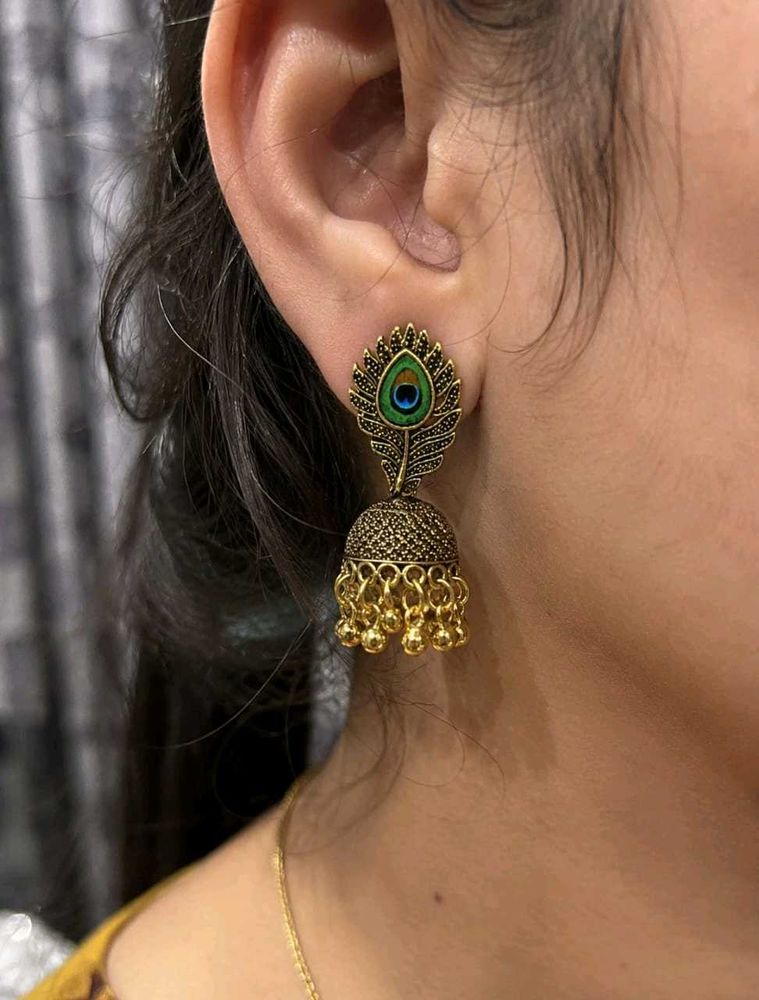 Peacock Feather Jhumka Earrings | Oxidised Gold |