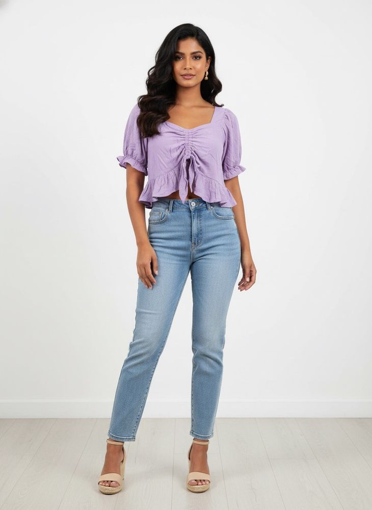 Chic Lavender Ruched Puff Sleeve CropTop