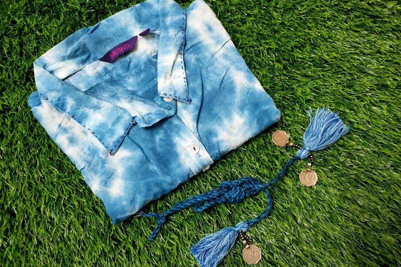 SRISHTI Blue Tie-Dye Cotton Shirt Kurta Dress - Lo