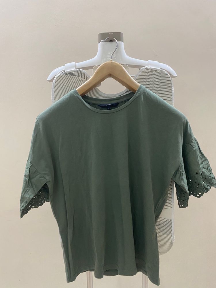 Olive Green Eyelet Sleeve T-Shirt