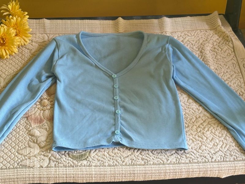 Baby Blue Ribbed Button-Up Top