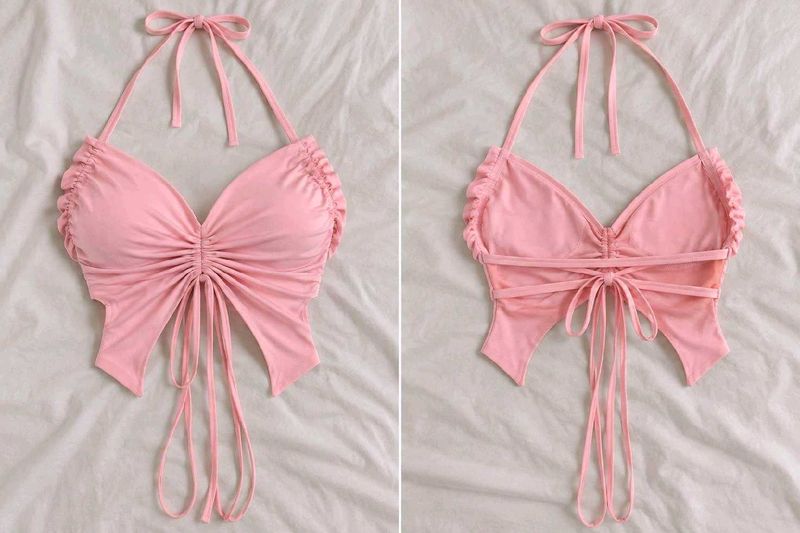 Pink Ruched drawstring backless Crop Top